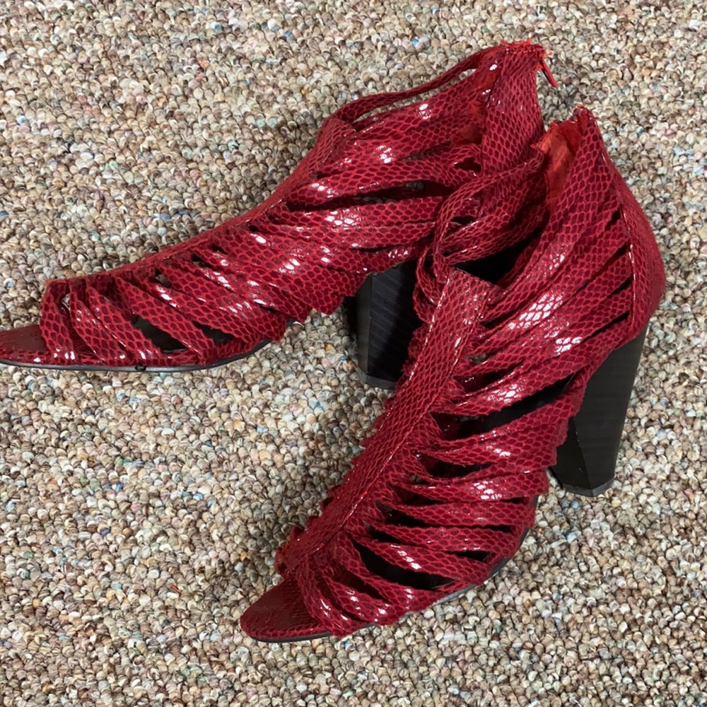 Qupid red snakeskin open toe heels. 7.5 4” heels